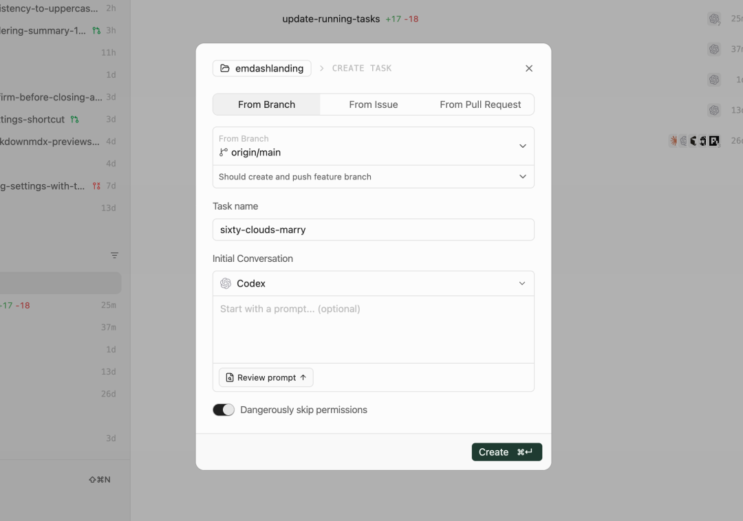 Creating a task in Emdash
