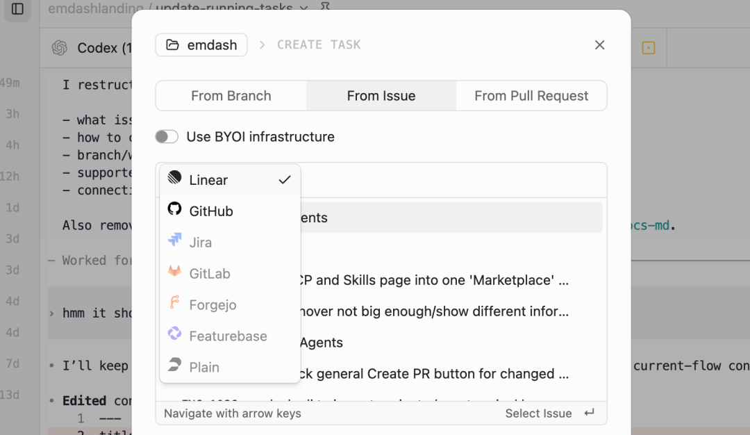Passing issues to agents in Emdash